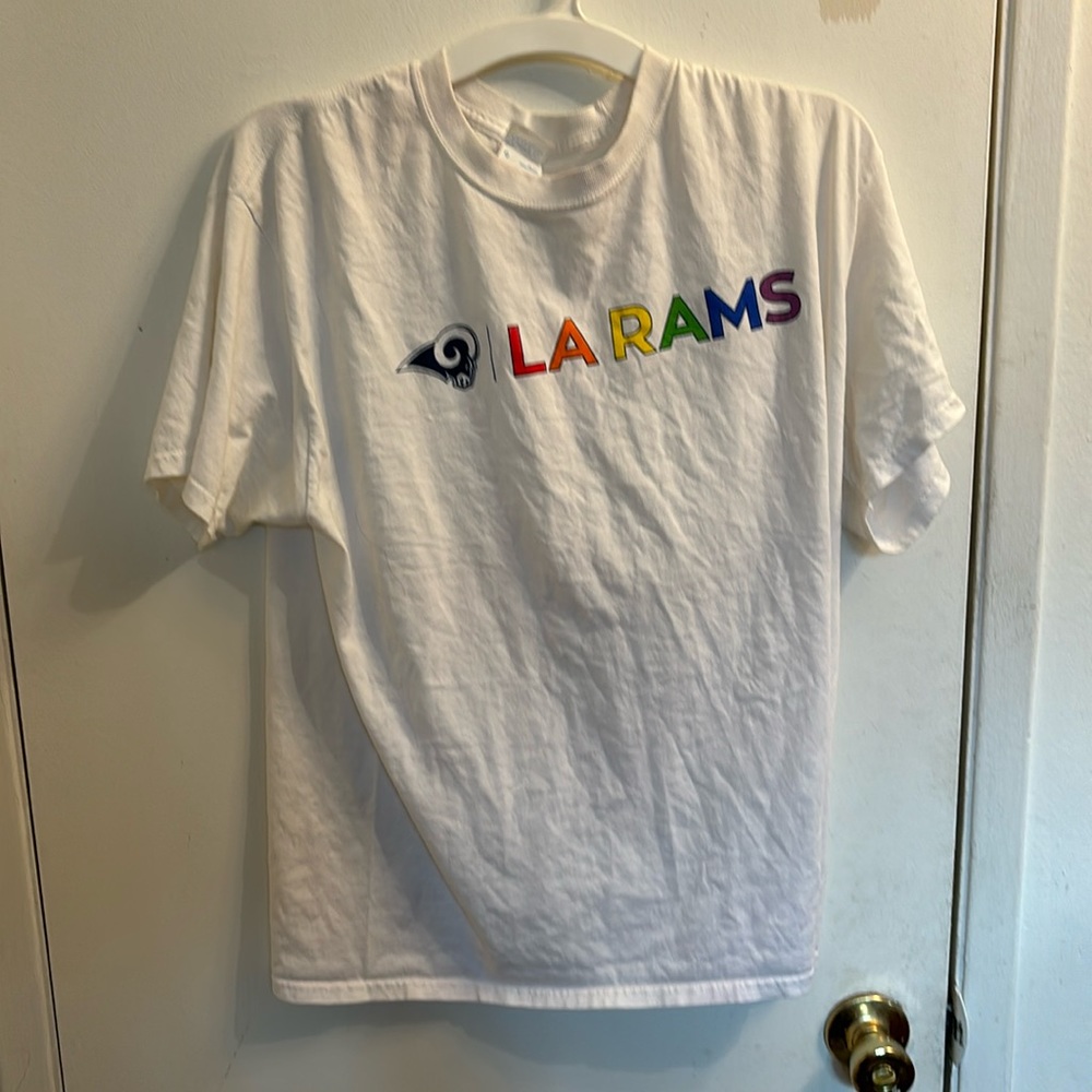 Port & Company brand, White LA Rams Pride T-shirt, large, 100% cotton, football